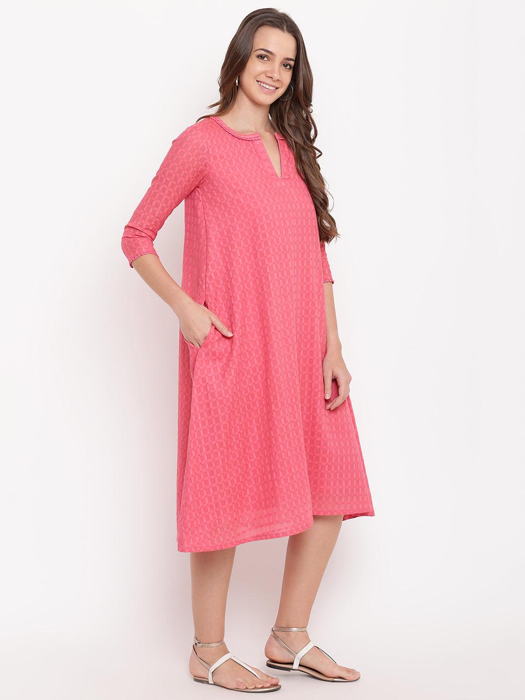 Brick Pink Dobby Grid Flared Dress - trueBrowns