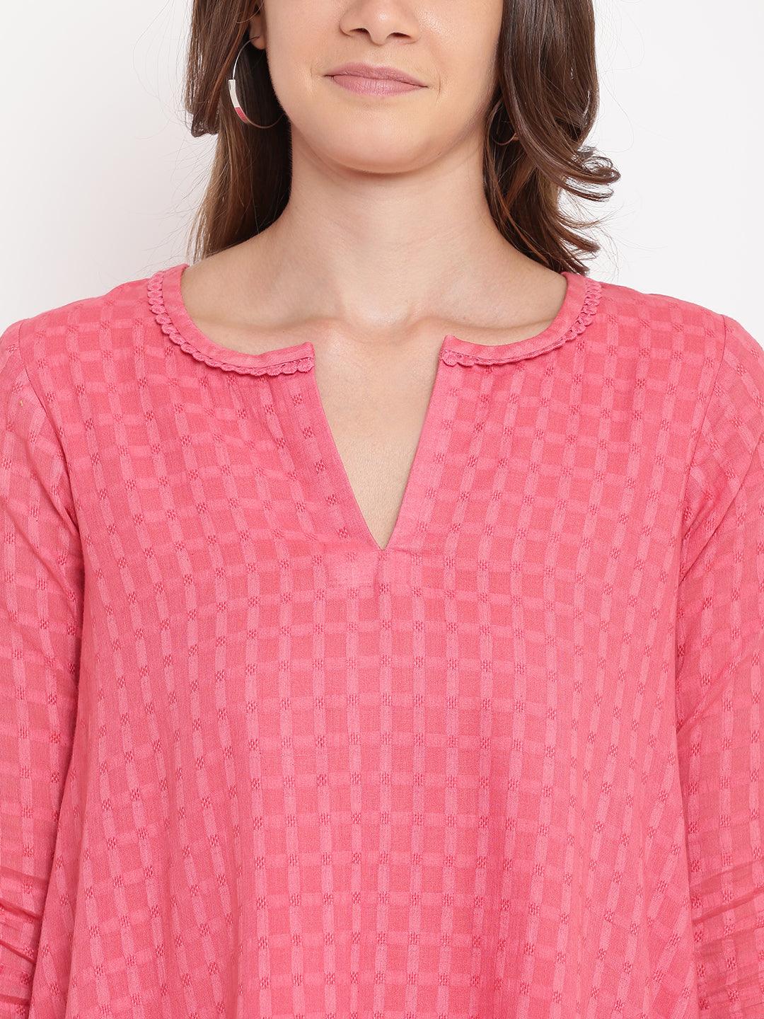 Brick Pink Dobby Grid Flared Dress - trueBrowns