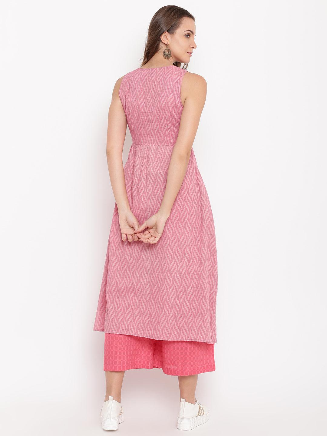 Pink Dobby Front Slit Kurta-Palazzo - trueBrowns