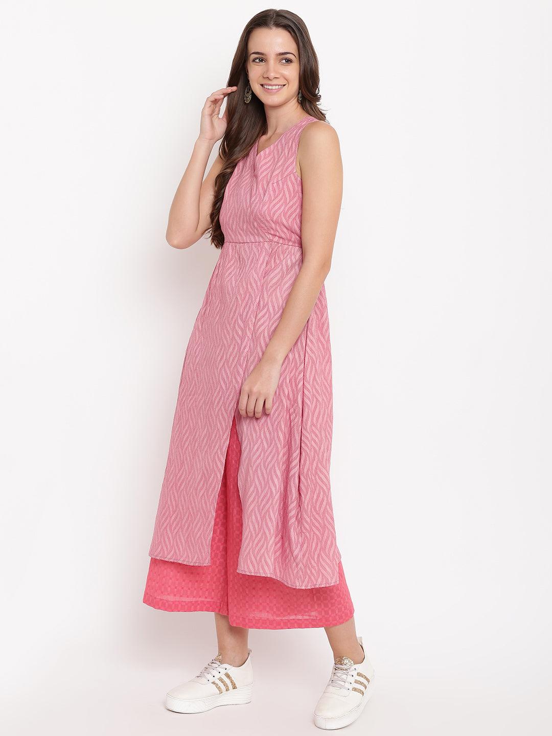 Pink Dobby Front Slit Kurta-Palazzo - trueBrowns