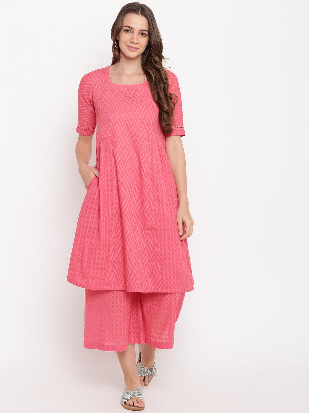 Pink Dobby Side Gathers Kurta-Palazzo - trueBrowns