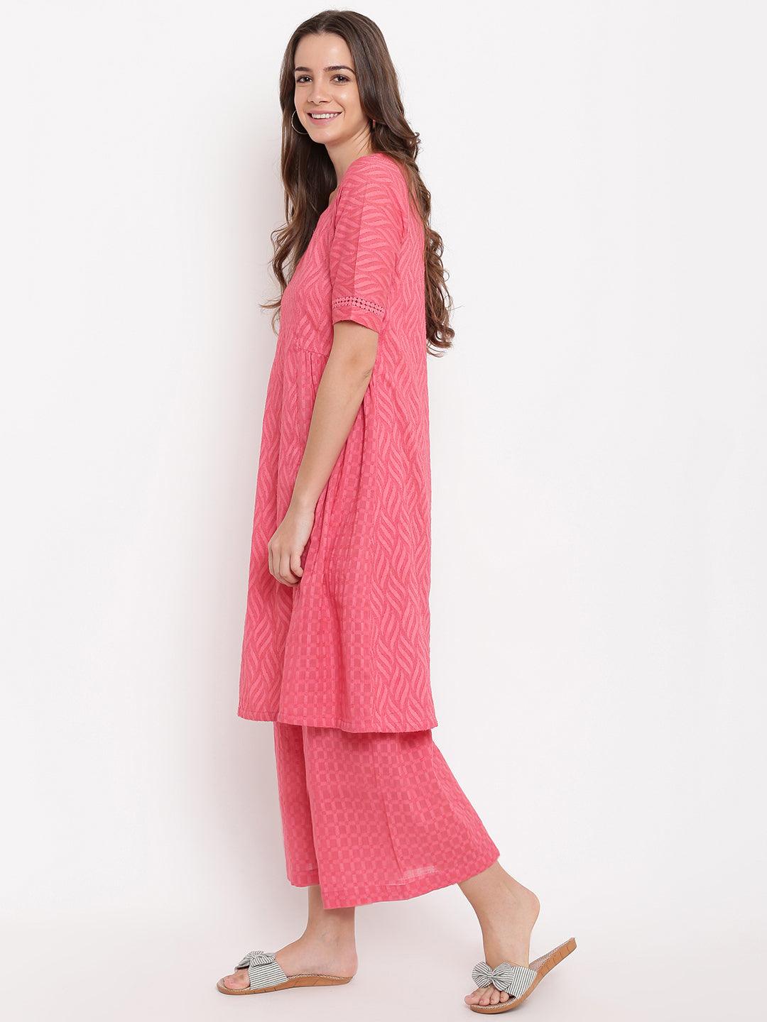 Pink Dobby Side Gathers Kurta-Palazzo - trueBrowns