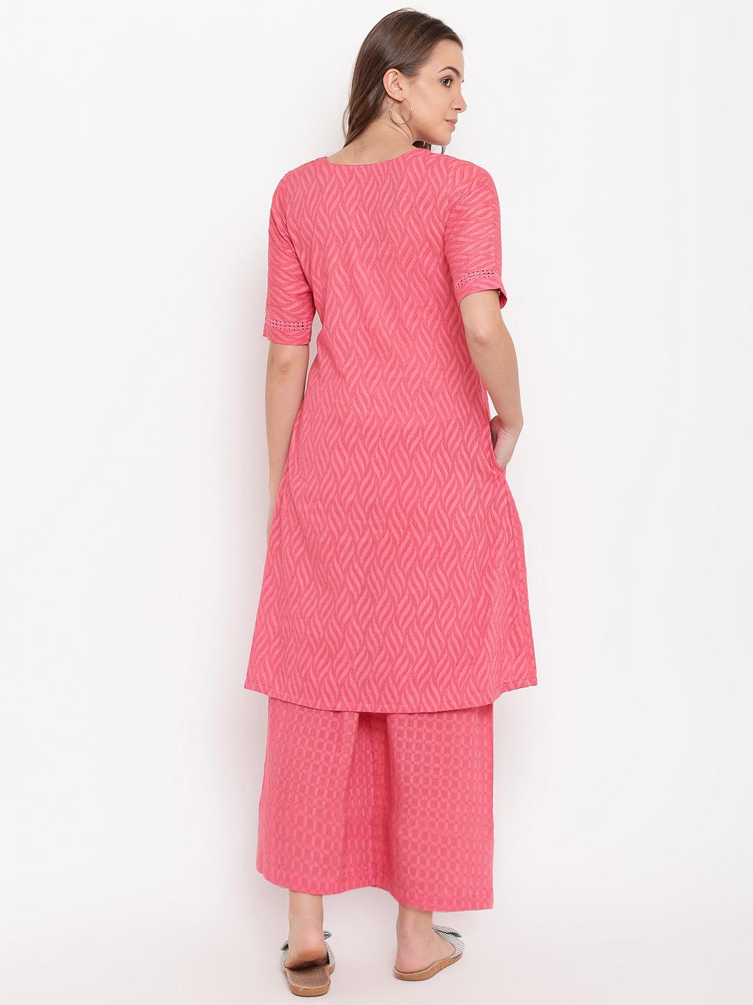 Pink Dobby Side Gathers Kurta-Palazzo - trueBrowns