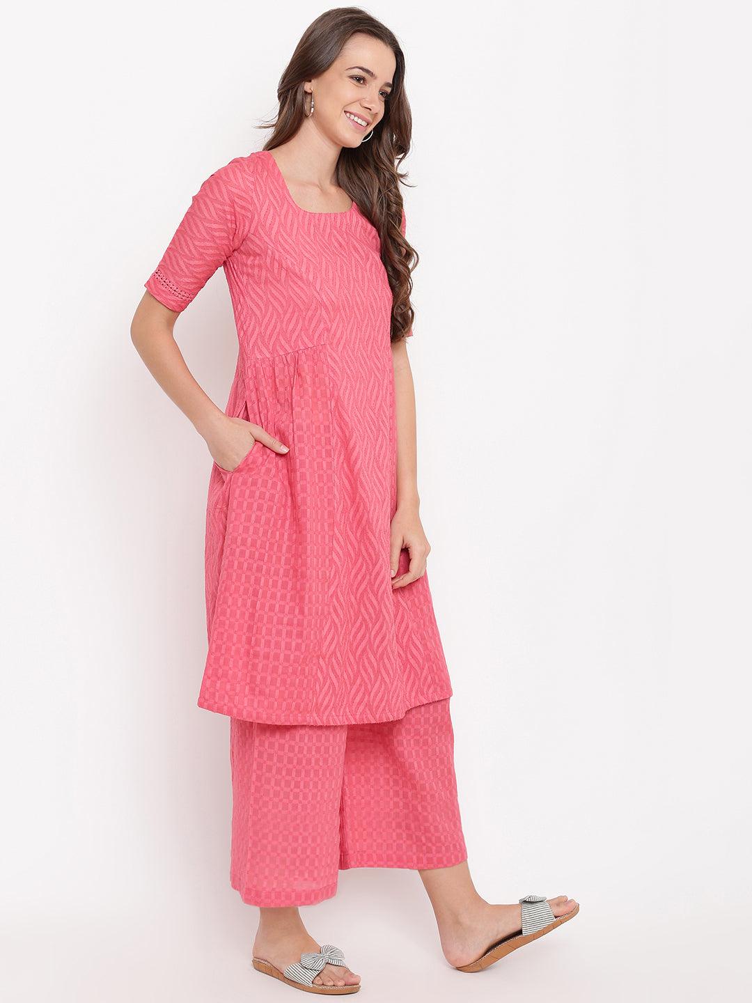 Pink Dobby Side Gathers Kurta-Palazzo - trueBrowns