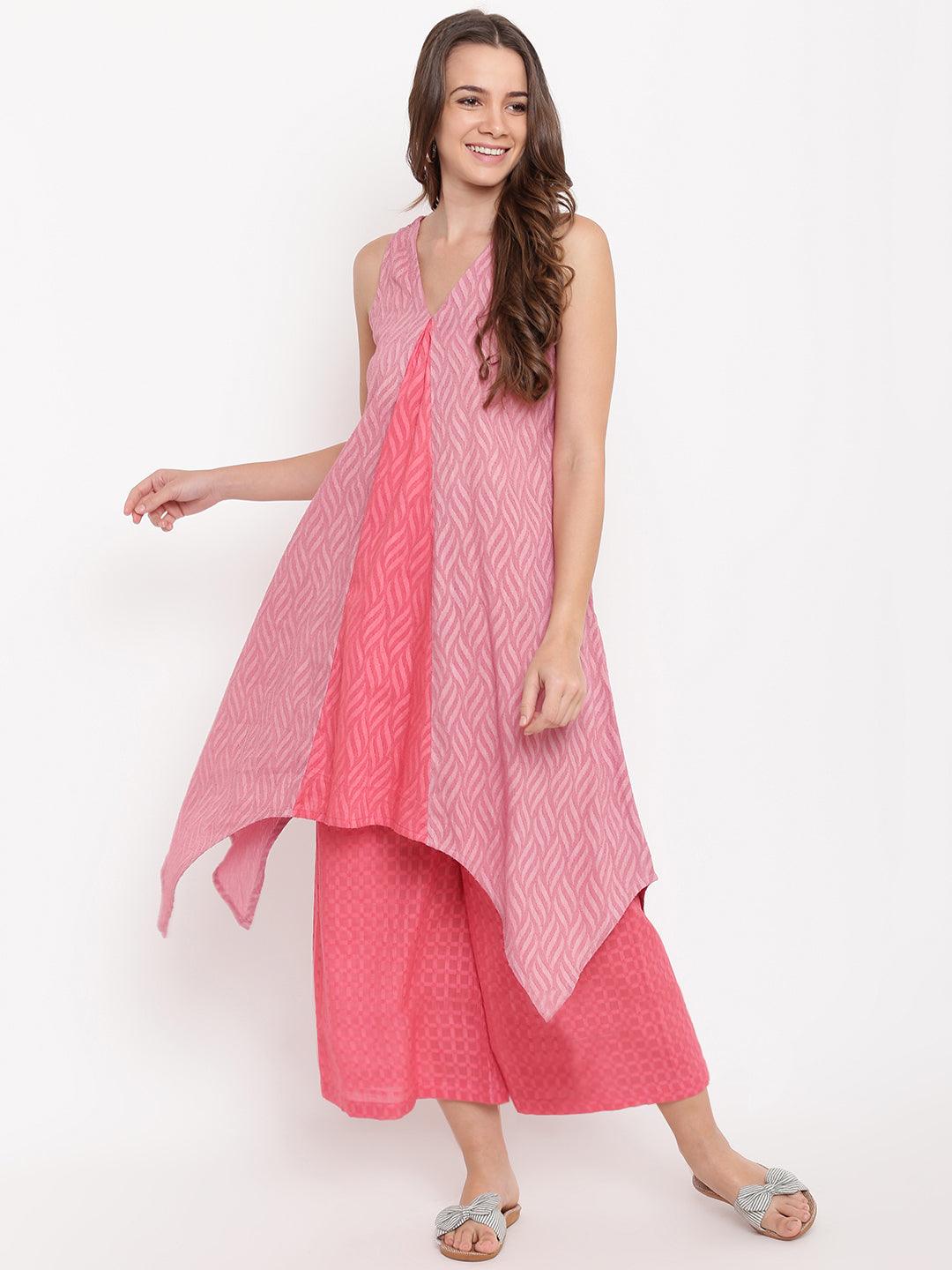 Pink Dobby V-Asymmetric Kurta- Contrast Palazzo - trueBrowns