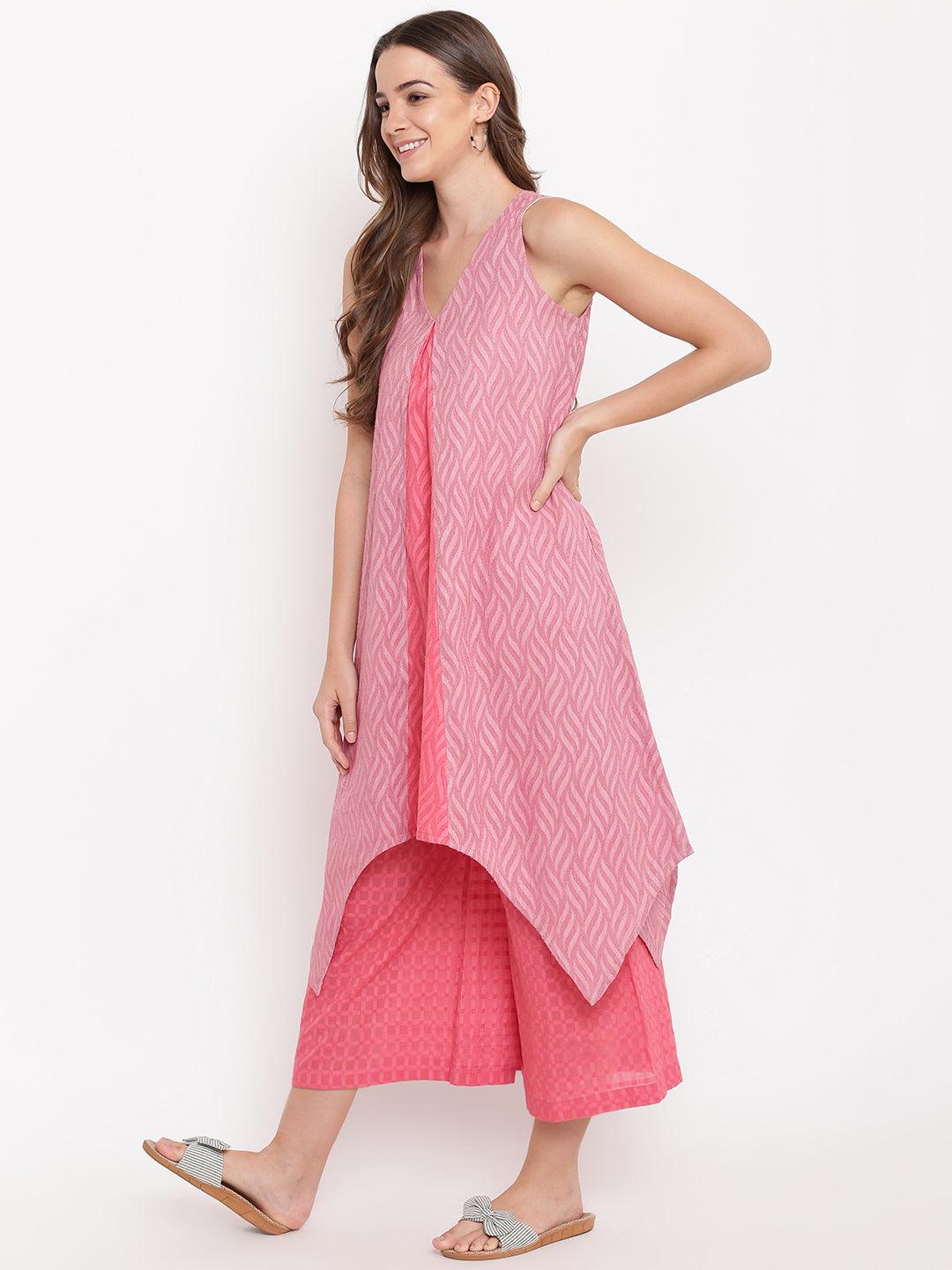 Pink Dobby V-Asymmetric Kurta- Contrast Palazzo - trueBrowns