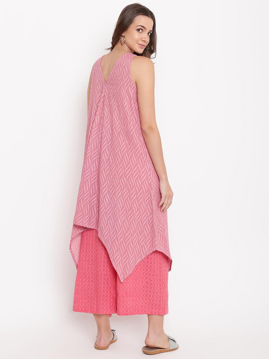 Pink Dobby V-Asymmetric Kurta- Contrast Palazzo - trueBrowns