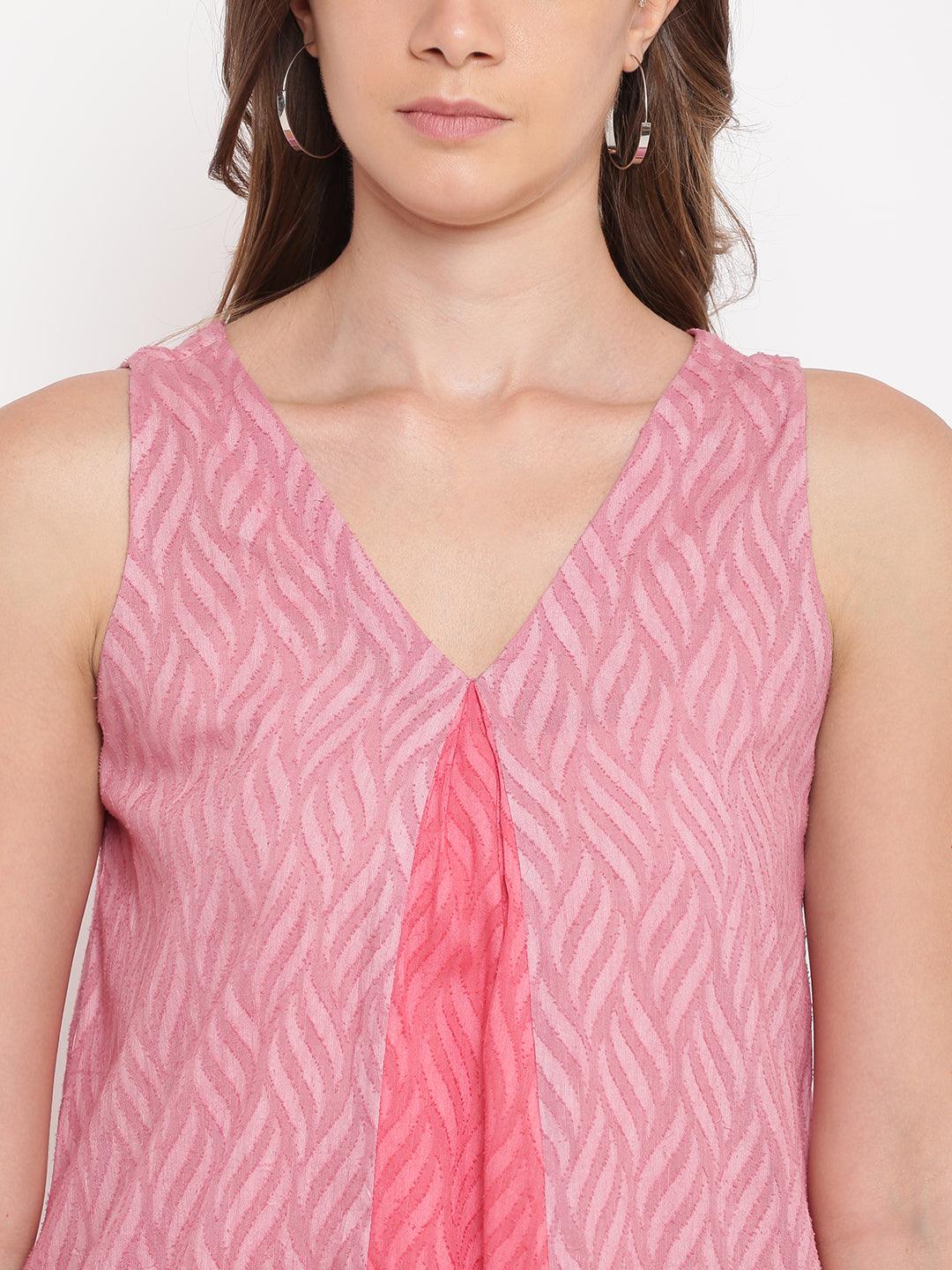 Pink Dobby V-Asymmetric Kurta- Contrast Palazzo - trueBrowns