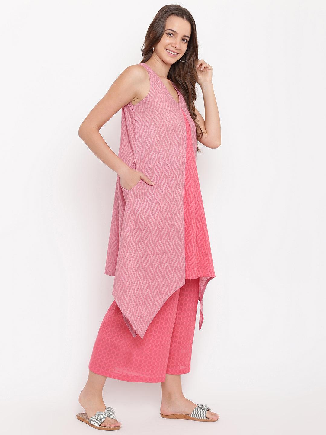 Pink Dobby V-Asymmetric Kurta- Contrast Palazzo - trueBrowns