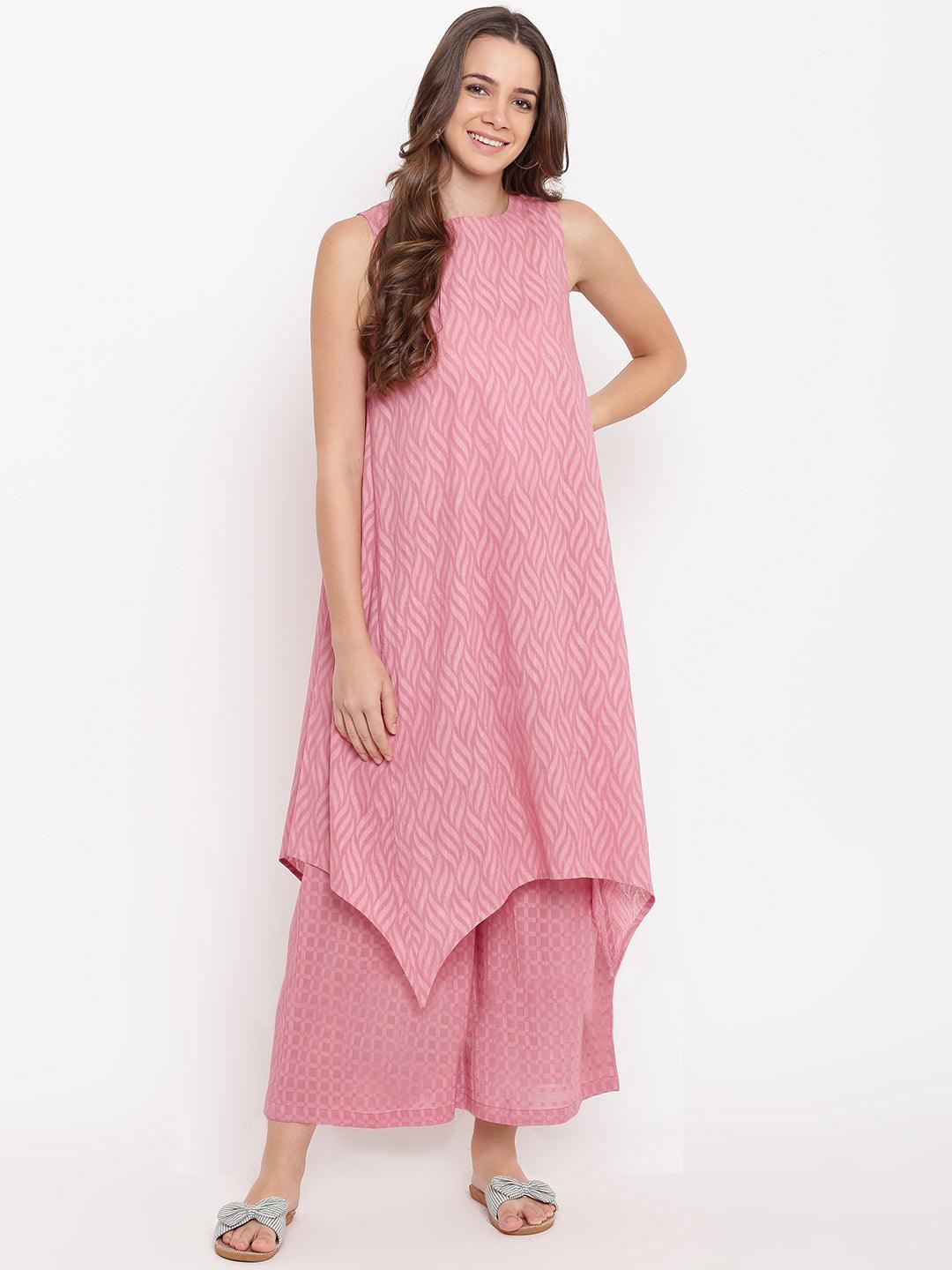 Pink Dobby Asymmetric Kurta-Palazzo - trueBrowns