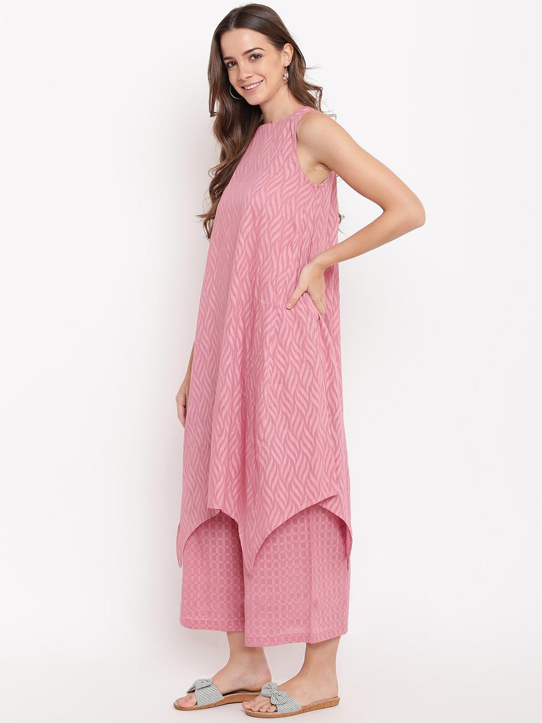 Pink Dobby Asymmetric Kurta-Palazzo - trueBrowns