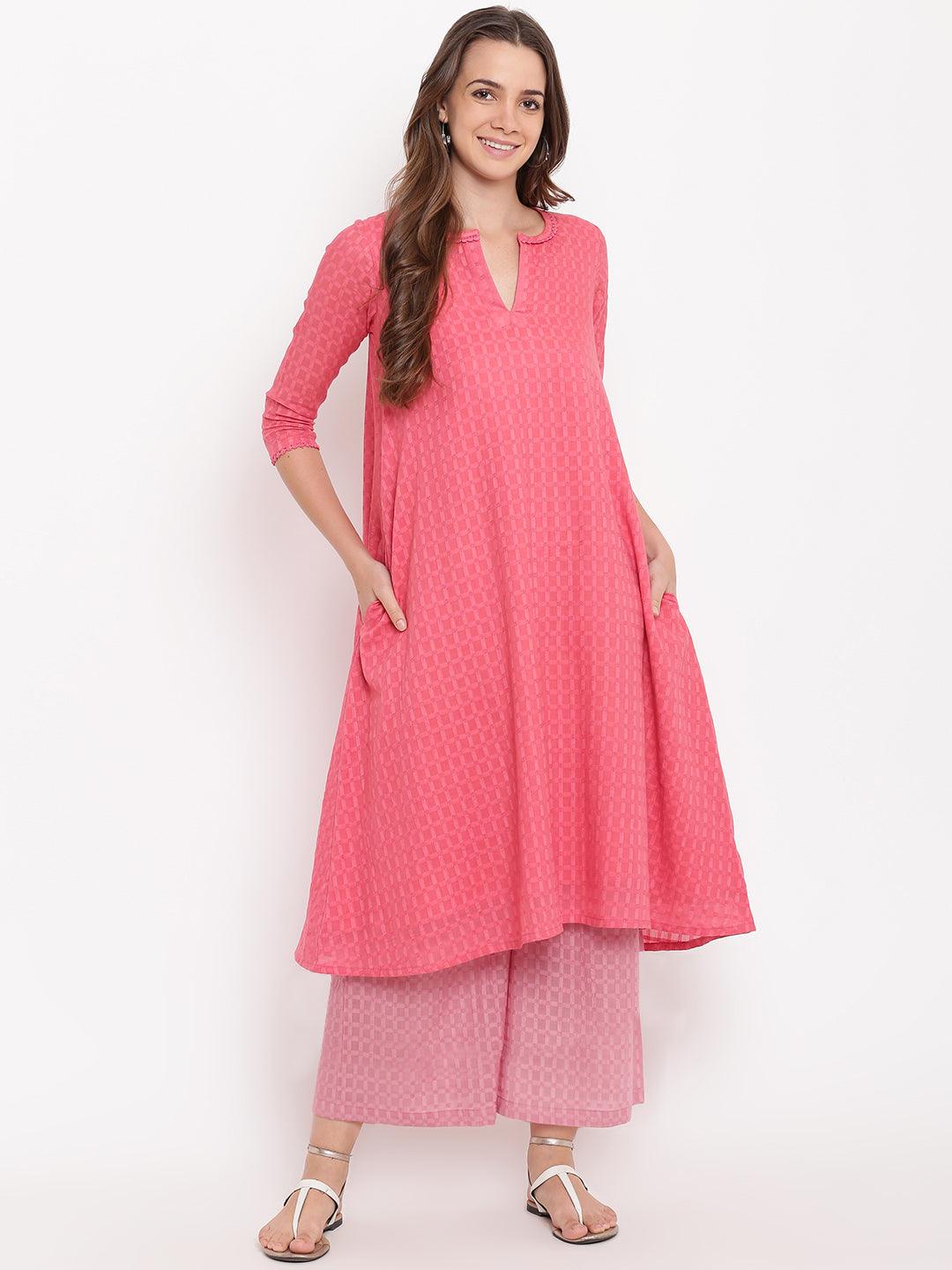 Brick Pink Grid Dobby Kurta-Contrast Palazzo - trueBrowns