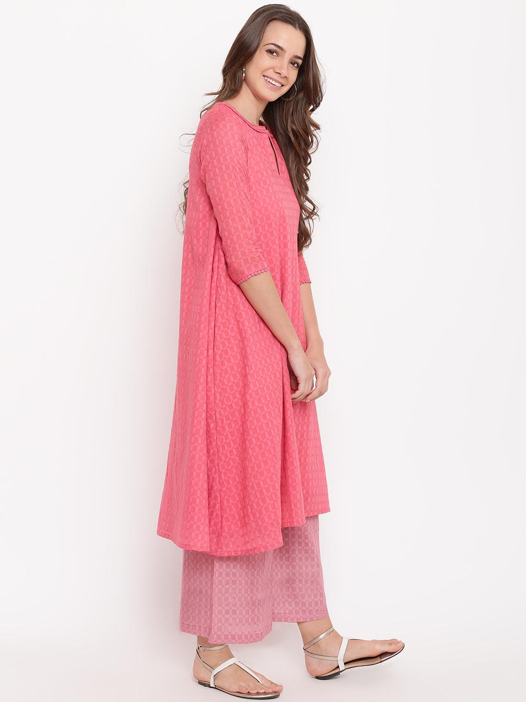 Brick Pink Grid Dobby Kurta-Contrast Palazzo - trueBrowns
