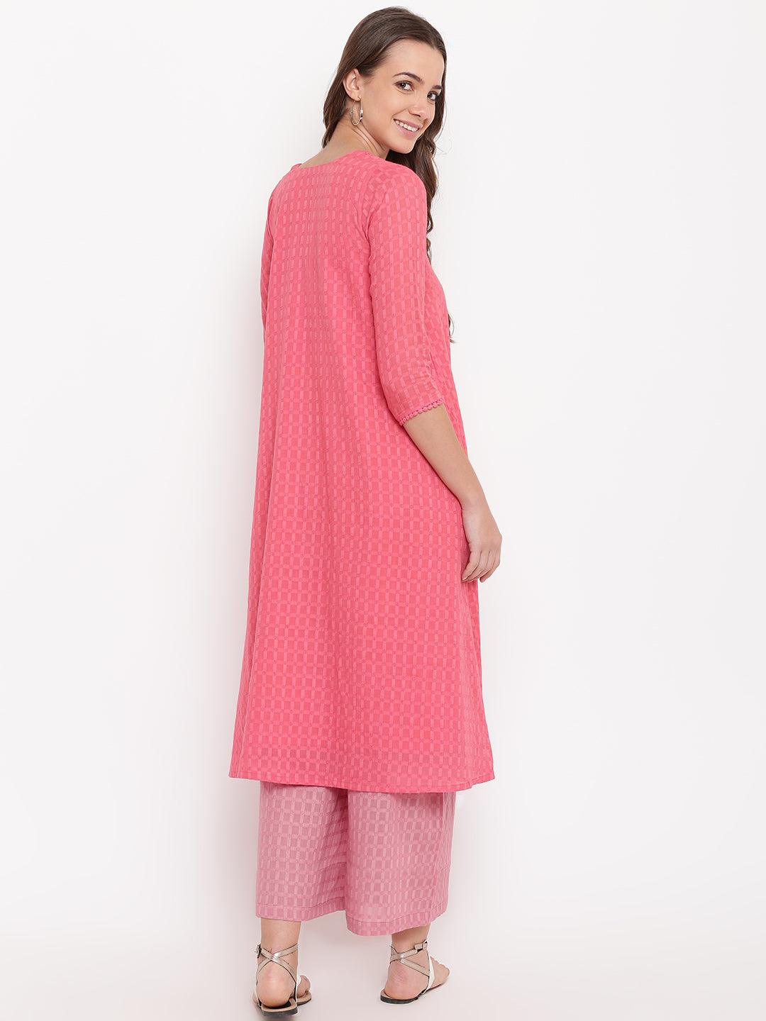 Brick Pink Grid Dobby Kurta-Contrast Palazzo - trueBrowns