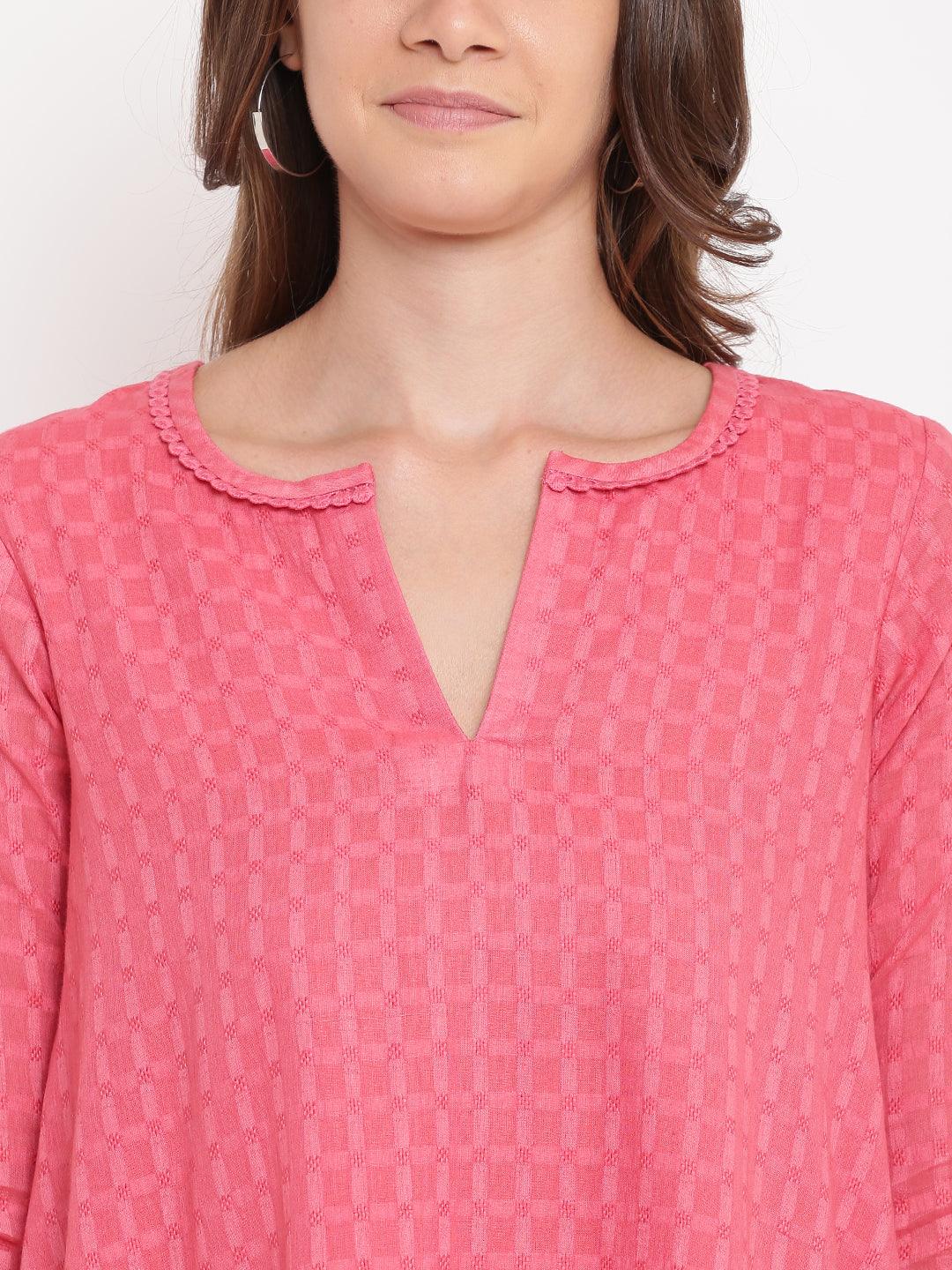 Brick Pink Grid Dobby Kurta-Contrast Palazzo - trueBrowns