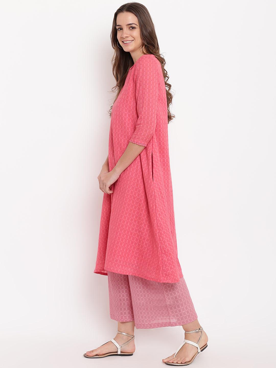 Brick Pink Grid Dobby Kurta-Contrast Palazzo - trueBrowns