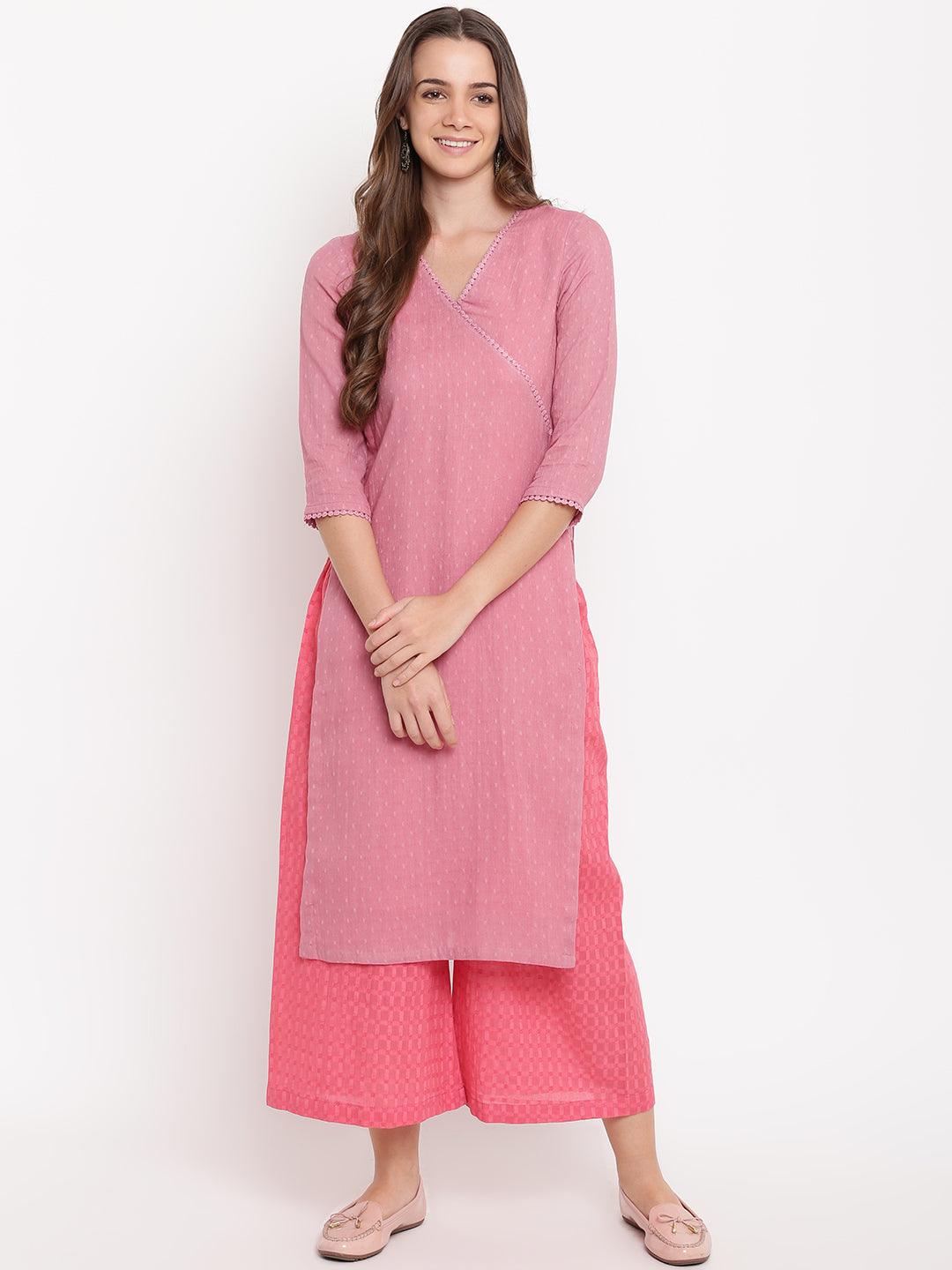 Pink High Slit Kurta- Contrast Palazzo - trueBrowns