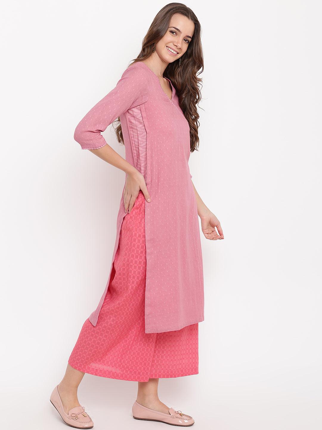 Pink High Slit Kurta- Contrast Palazzo - trueBrowns