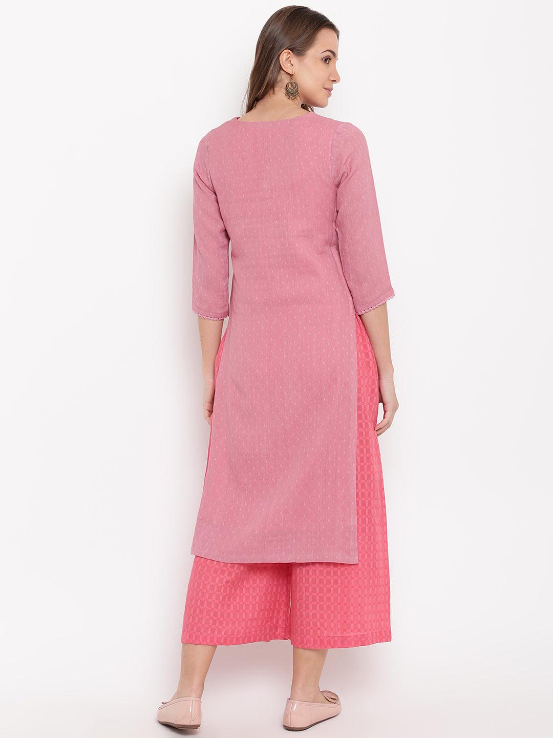 Pink High Slit Kurta- Contrast Palazzo - trueBrowns