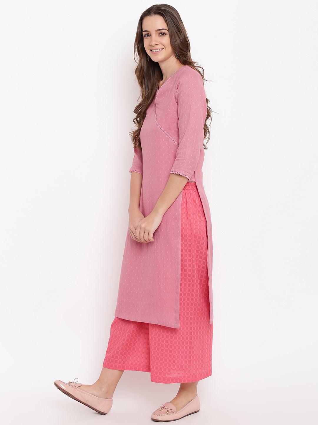 Pink High Slit Kurta- Contrast Palazzo - trueBrowns