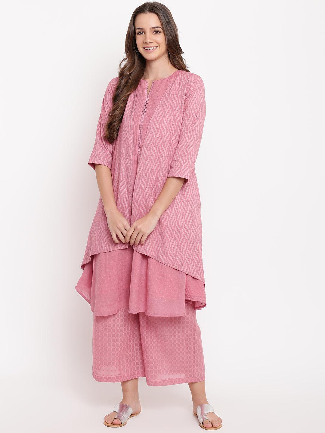 Pink Pin-Tucks Kurta-Palazzo-Jacket - trueBrowns