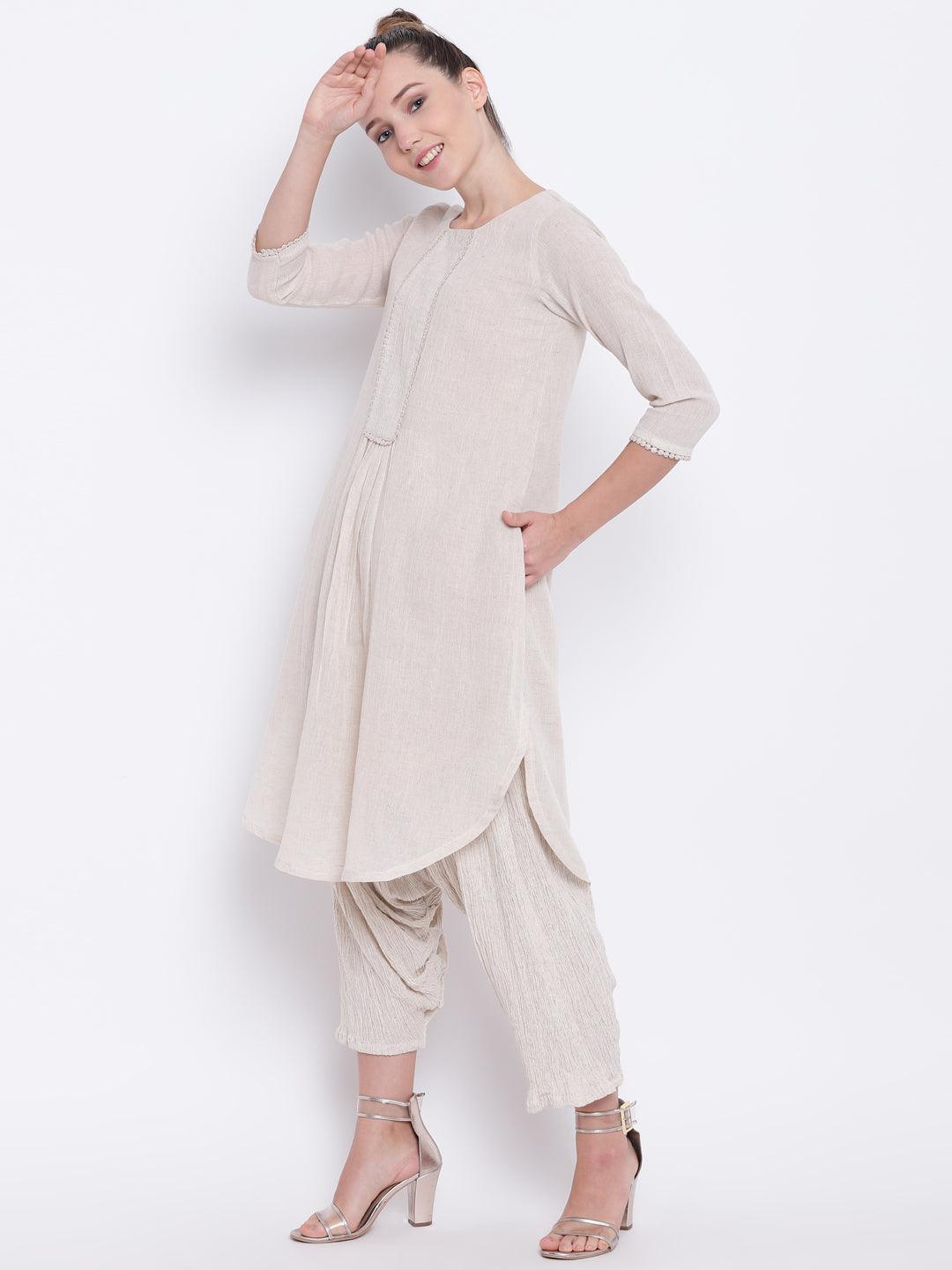 Beige Pure Cotton Lace Kurta - trueBrowns
