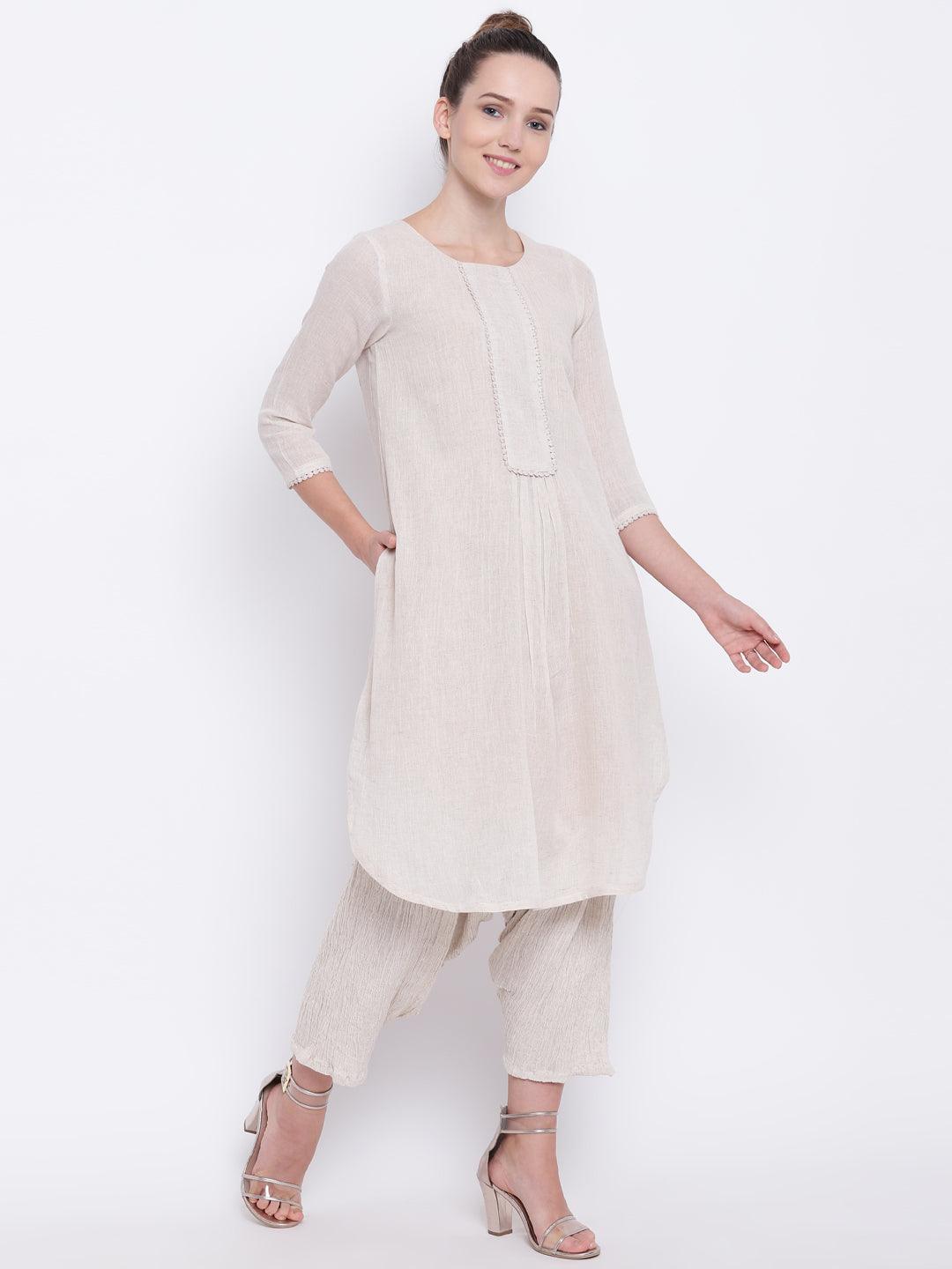 Beige Pure Cotton Lace Kurta - trueBrowns