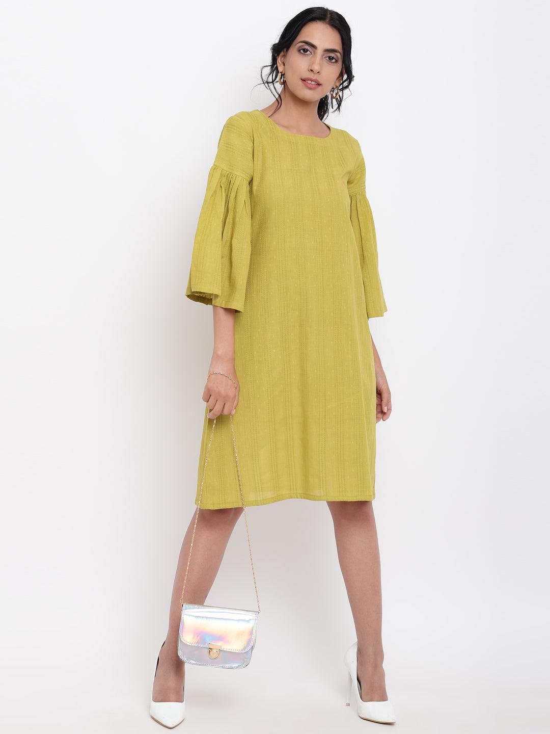Green Cotton Gathered Sleeve Dress - trueBrowns