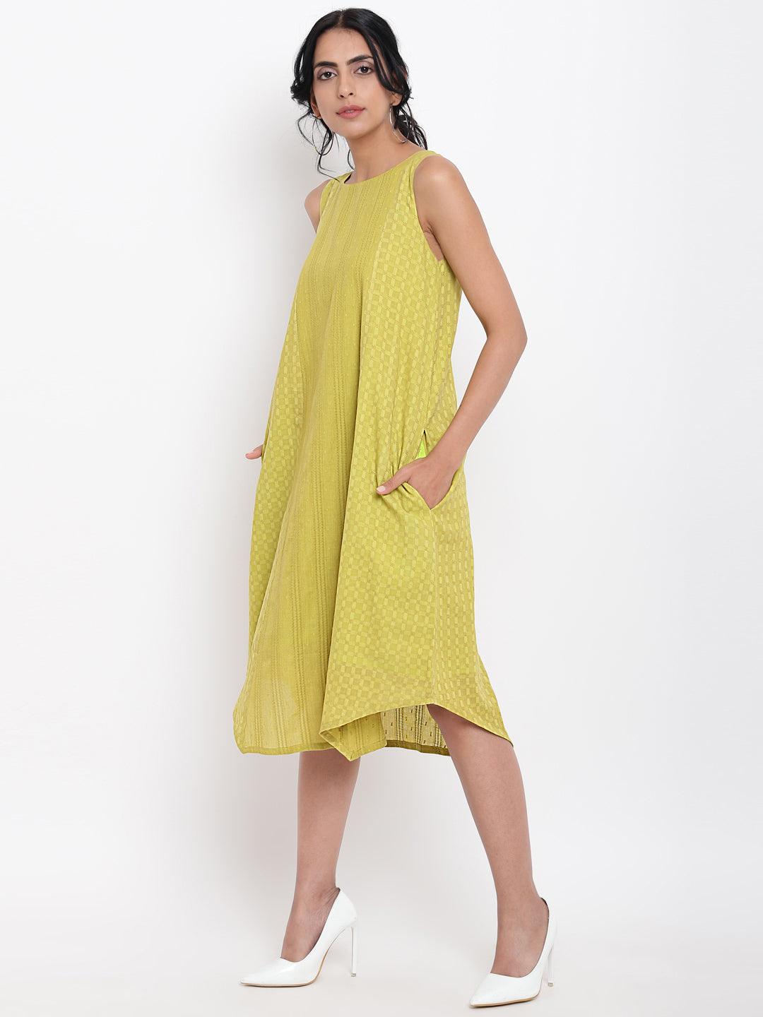 Green Cotton Panelled Dress - trueBrowns