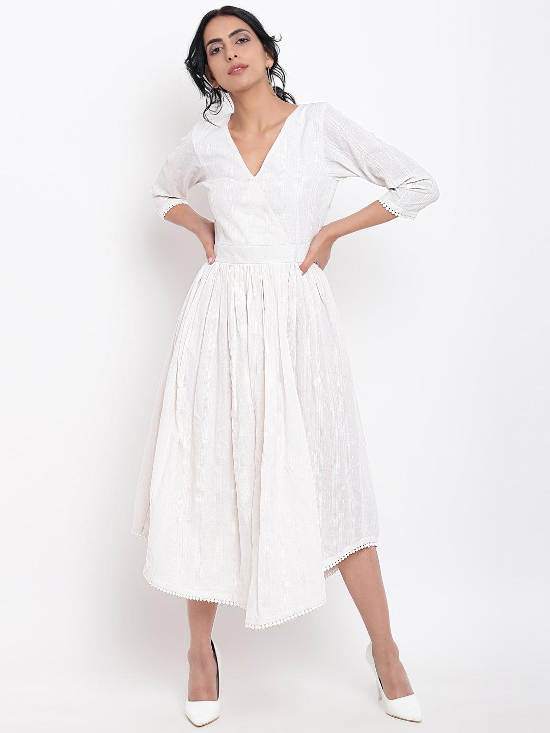 White Cotton Overlap Flare Dress - trueBrowns