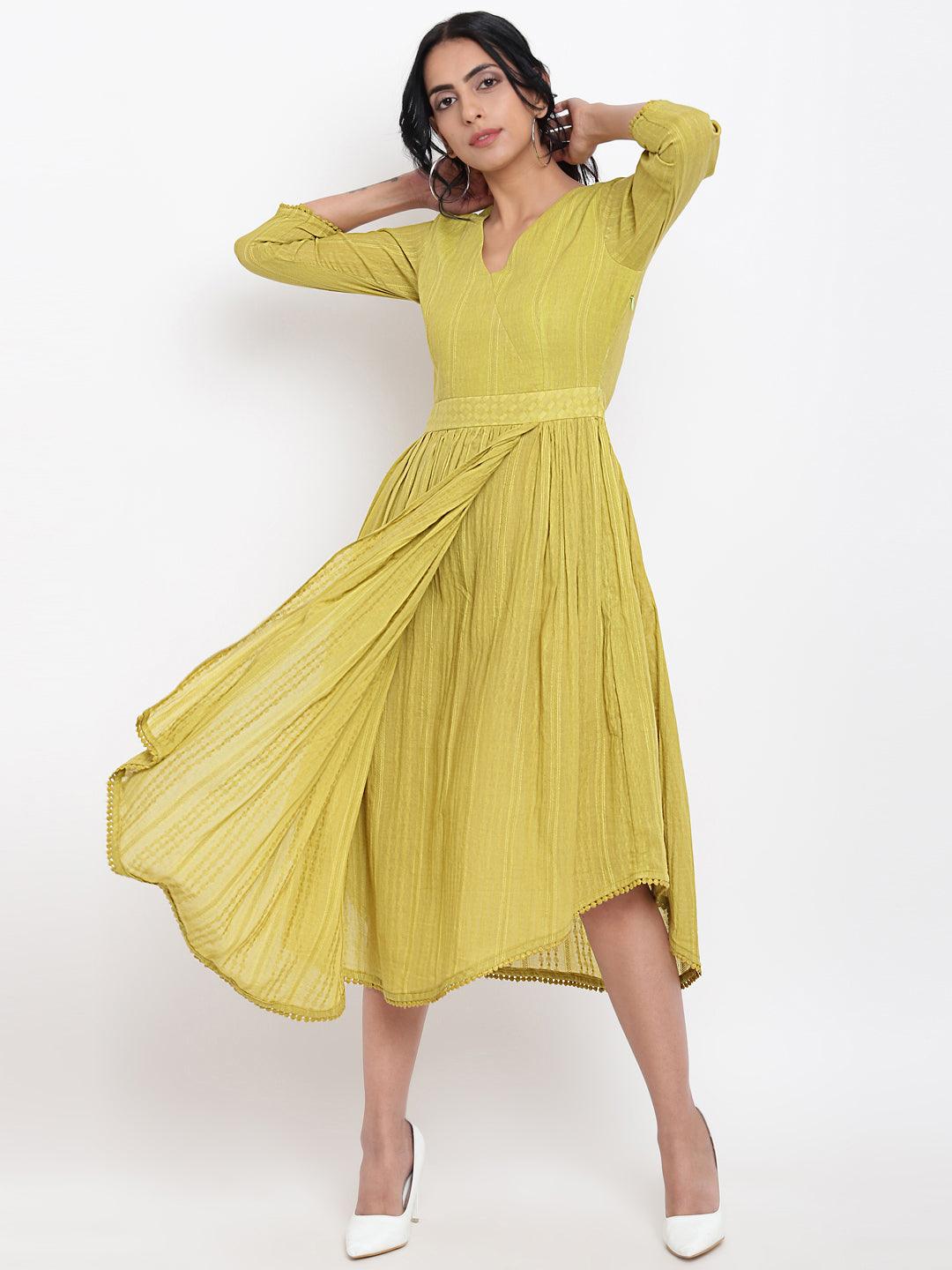 Green Cotton Overlap Flare Dress - trueBrowns