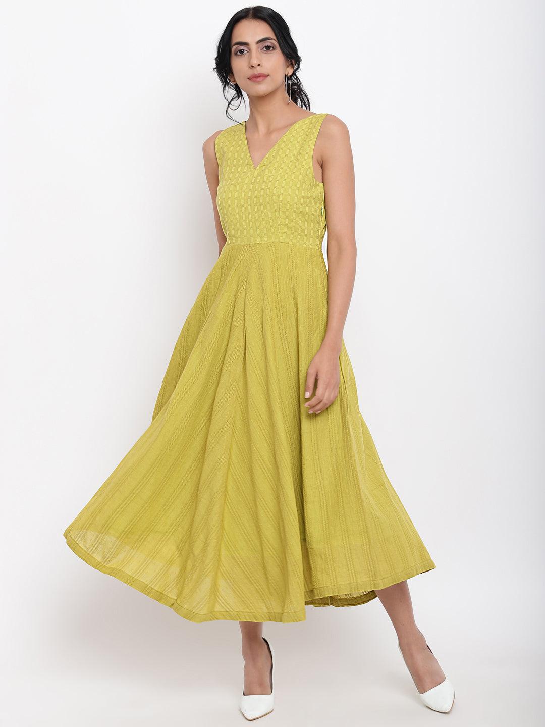 Green Cotton Panelled Flare Dress - trueBrowns