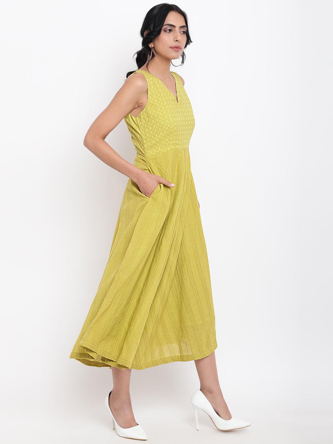 Green Cotton Panelled Flare Dress - trueBrowns