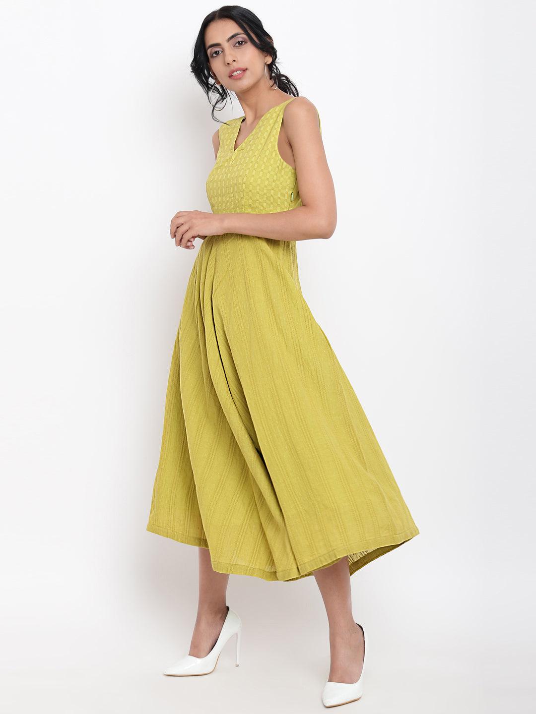 Green Cotton Panelled Flare Dress - trueBrowns