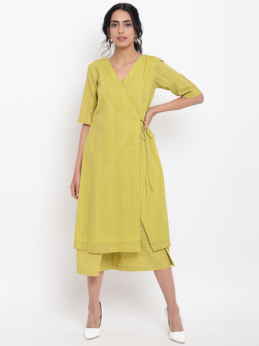 Green Cotton Angrakha Kurta Set - trueBrowns