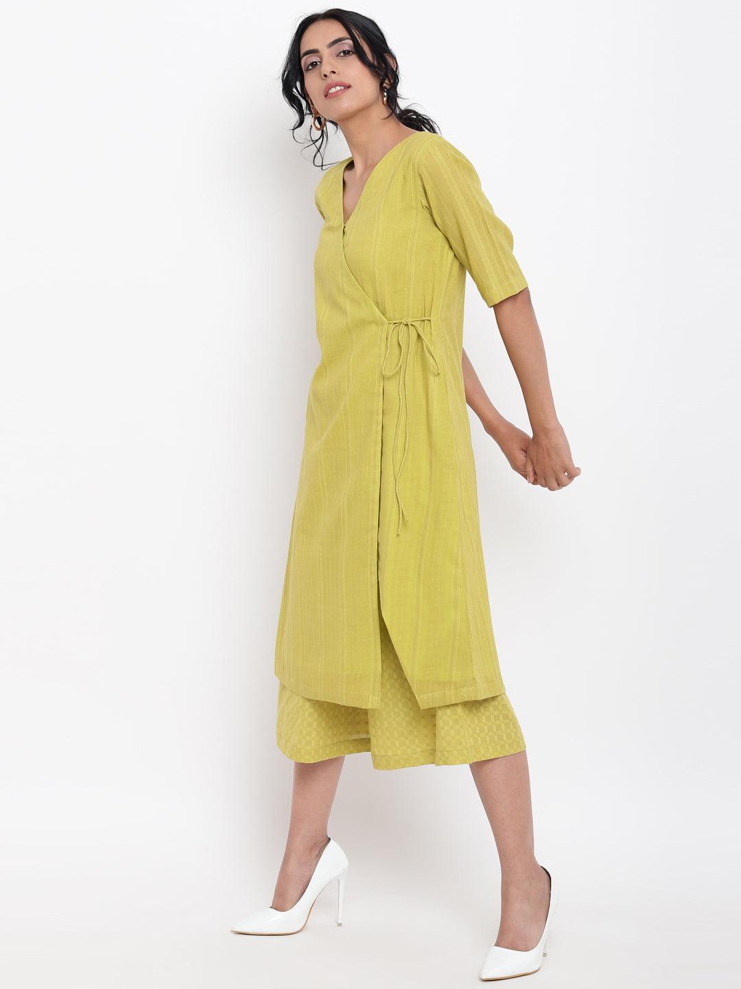 Green Cotton Angrakha Kurta Set - trueBrowns