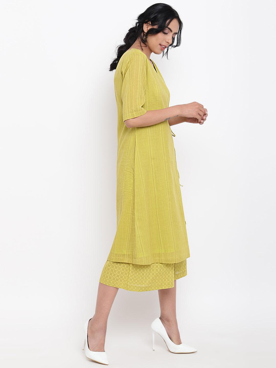 Green Cotton Angrakha Kurta Set - trueBrowns