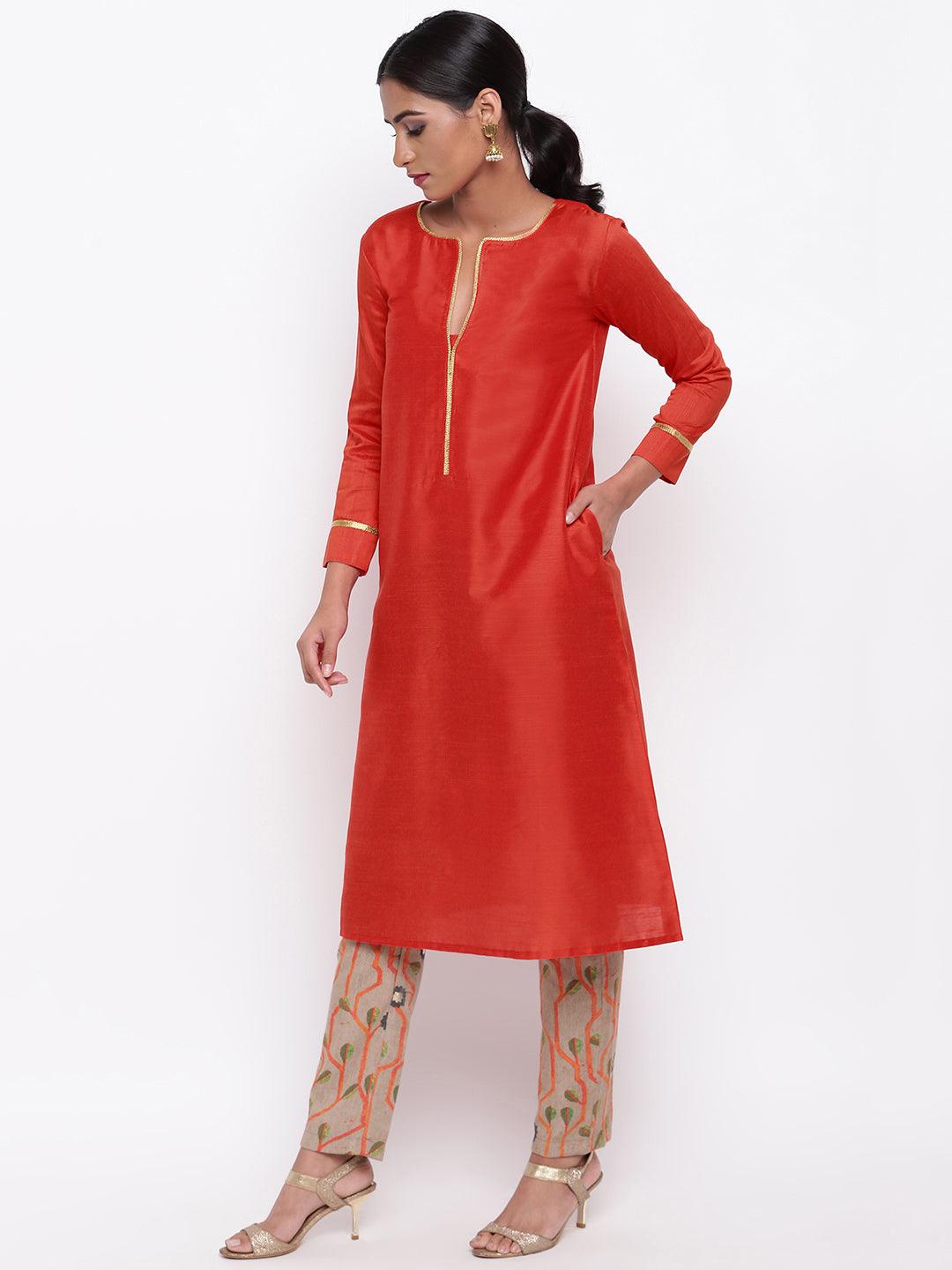 Orange Lace Kurta Stem Foil Pant - trueBrowns