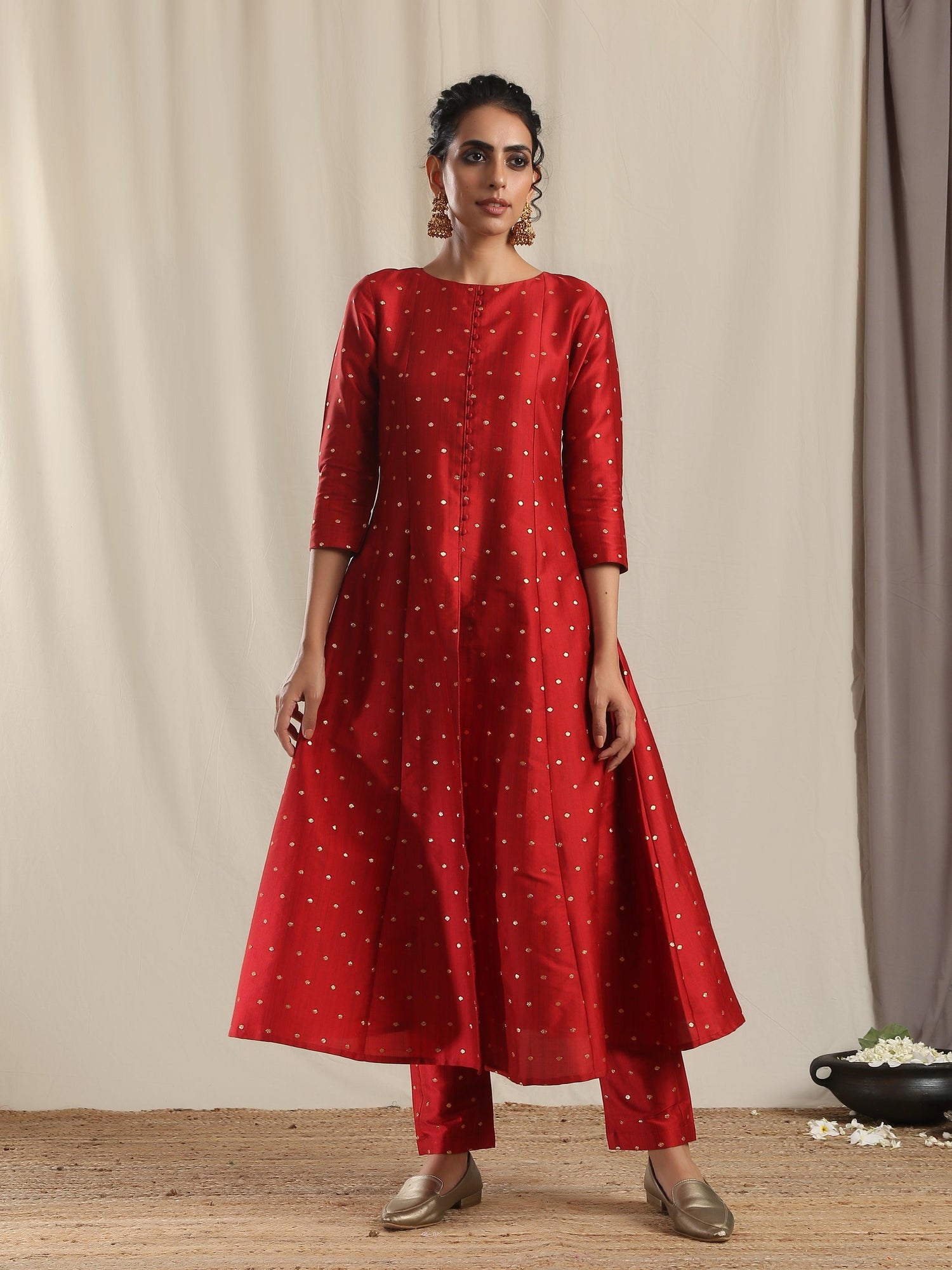 Red Silk Slit Kurta Pant Set - trueBrowns