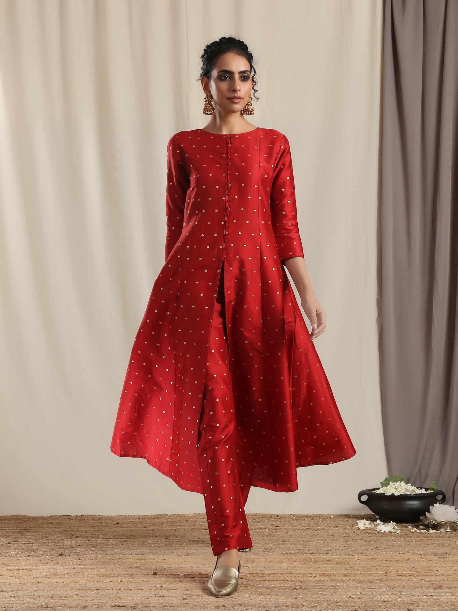 Red Silk Slit Kurta Pant Set - trueBrowns