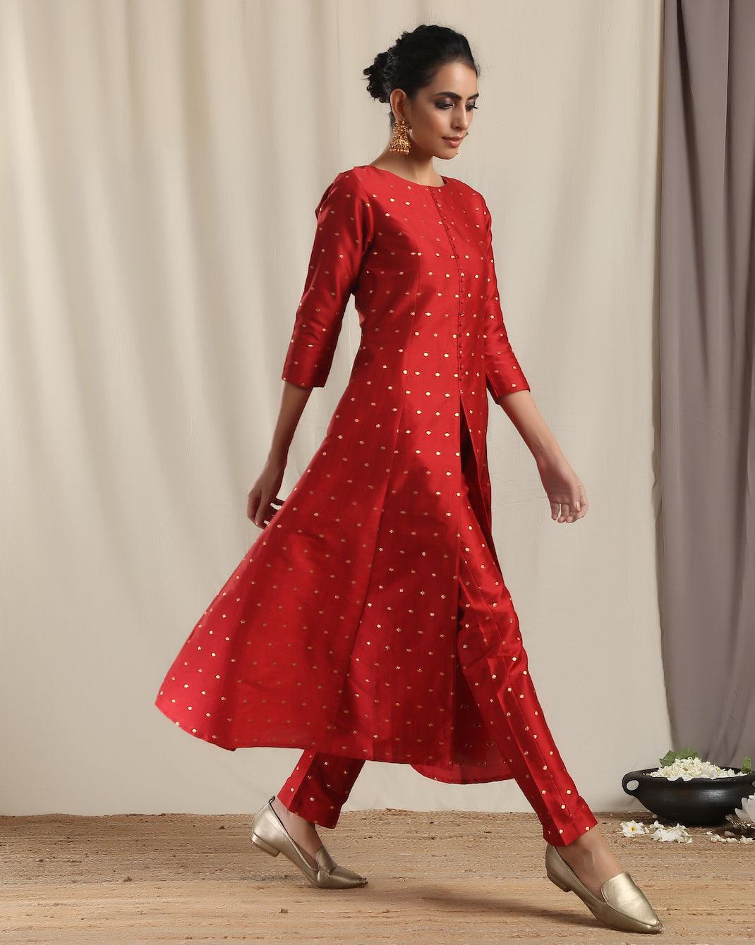 Red Silk Slit Kurta Pant Set - trueBrowns