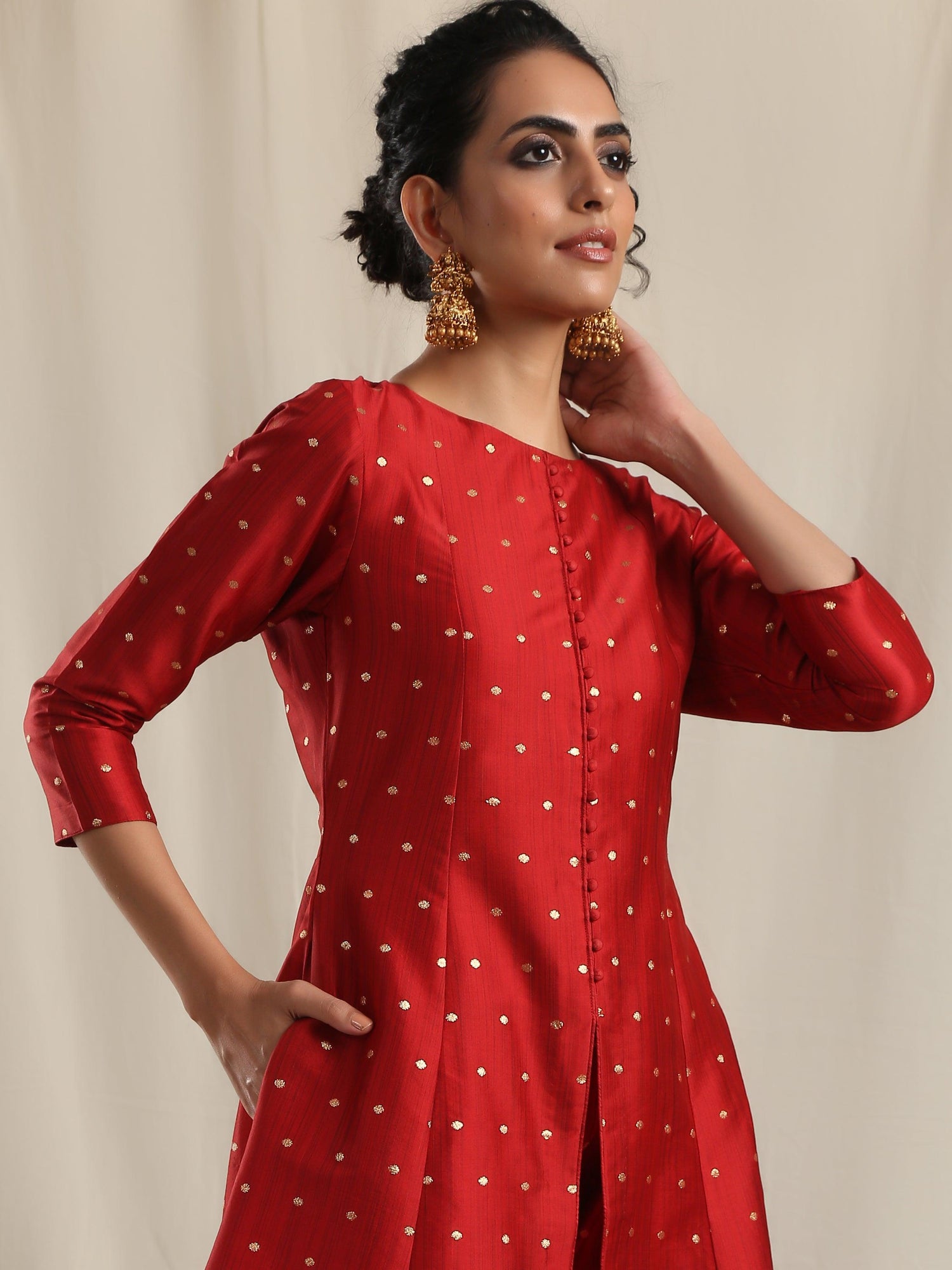 Red Silk Slit Kurta Pant Set - trueBrowns