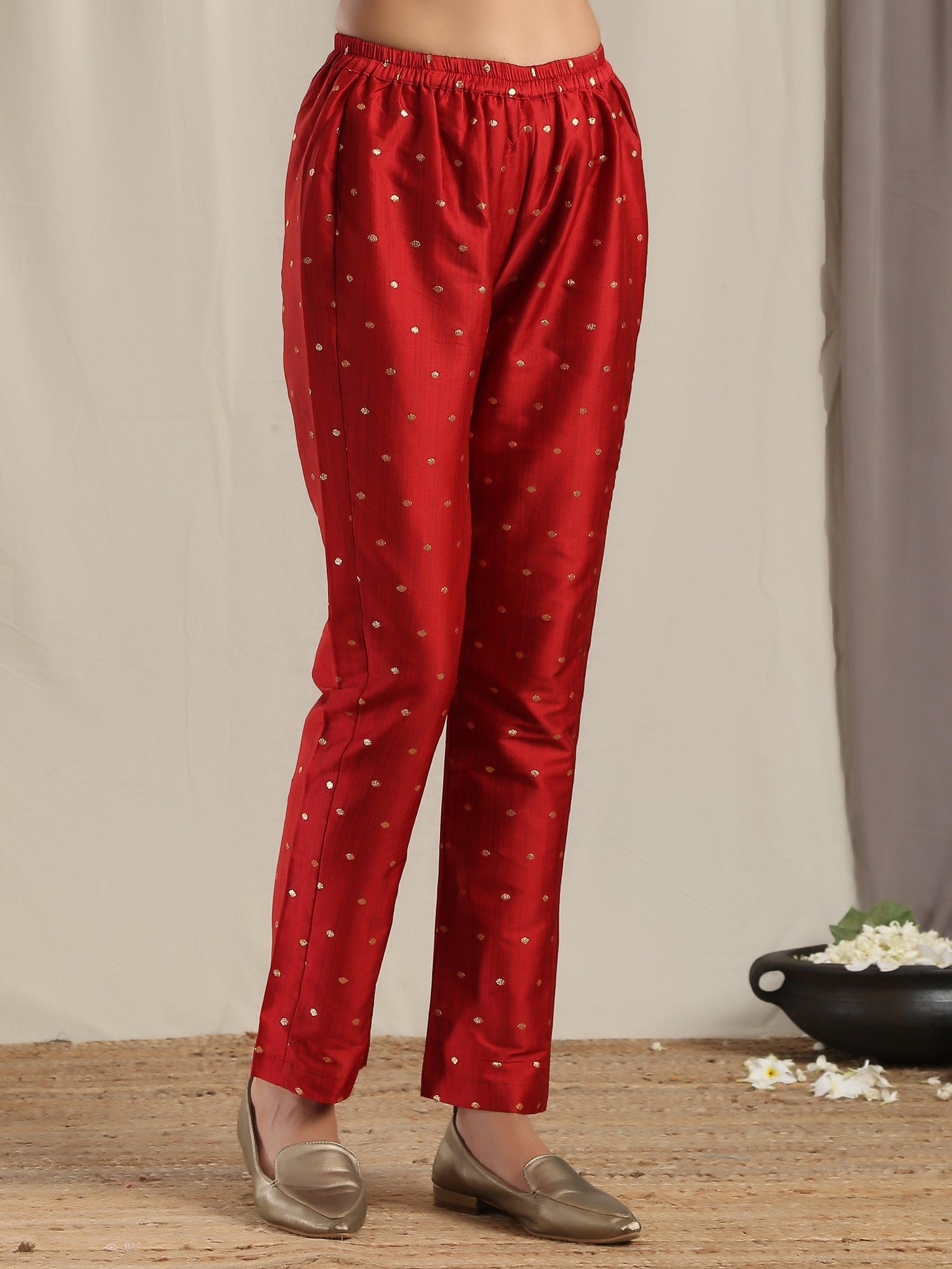 Red Silk Slit Kurta Pant Set - trueBrowns