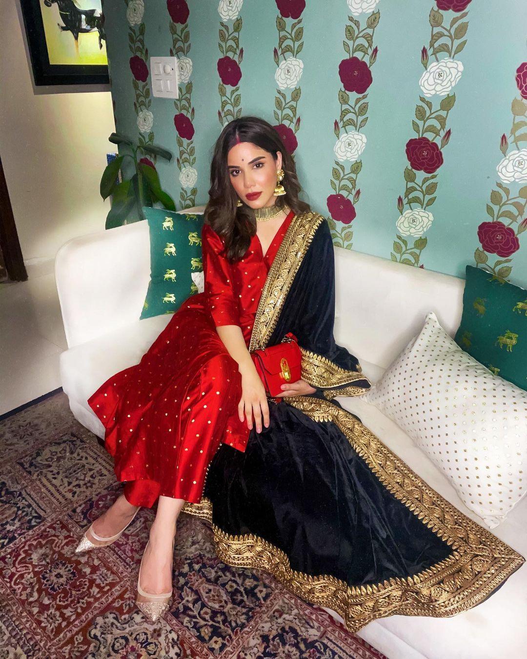 Red Silk Angrakha Kurta Pant Set - trueBrowns