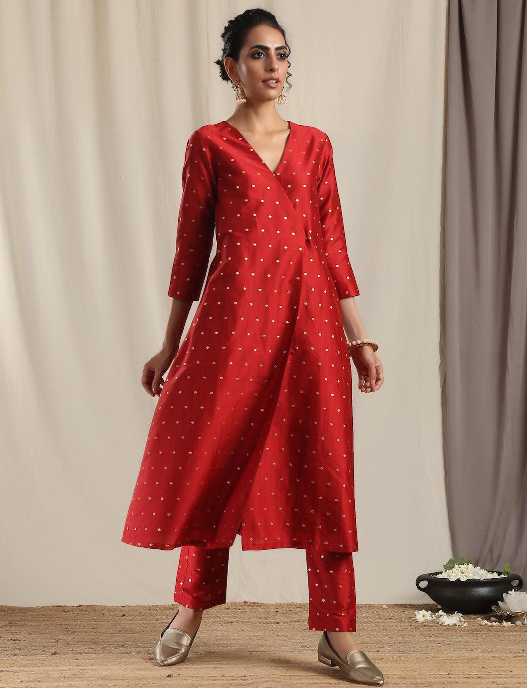 Red Silk Angrakha Kurta Pant Set - trueBrowns