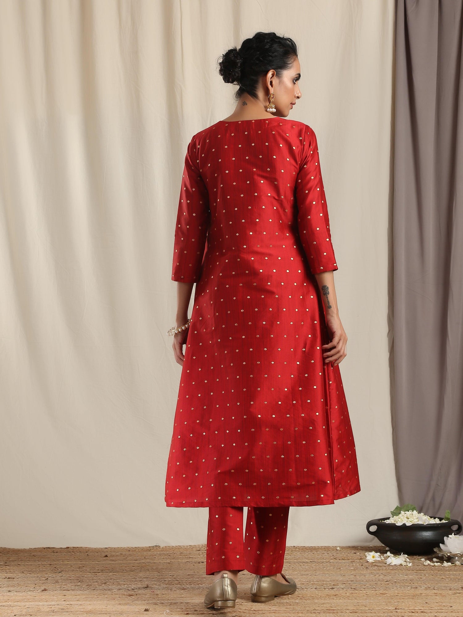 Red Silk Angrakha Kurta Pant Set - trueBrowns
