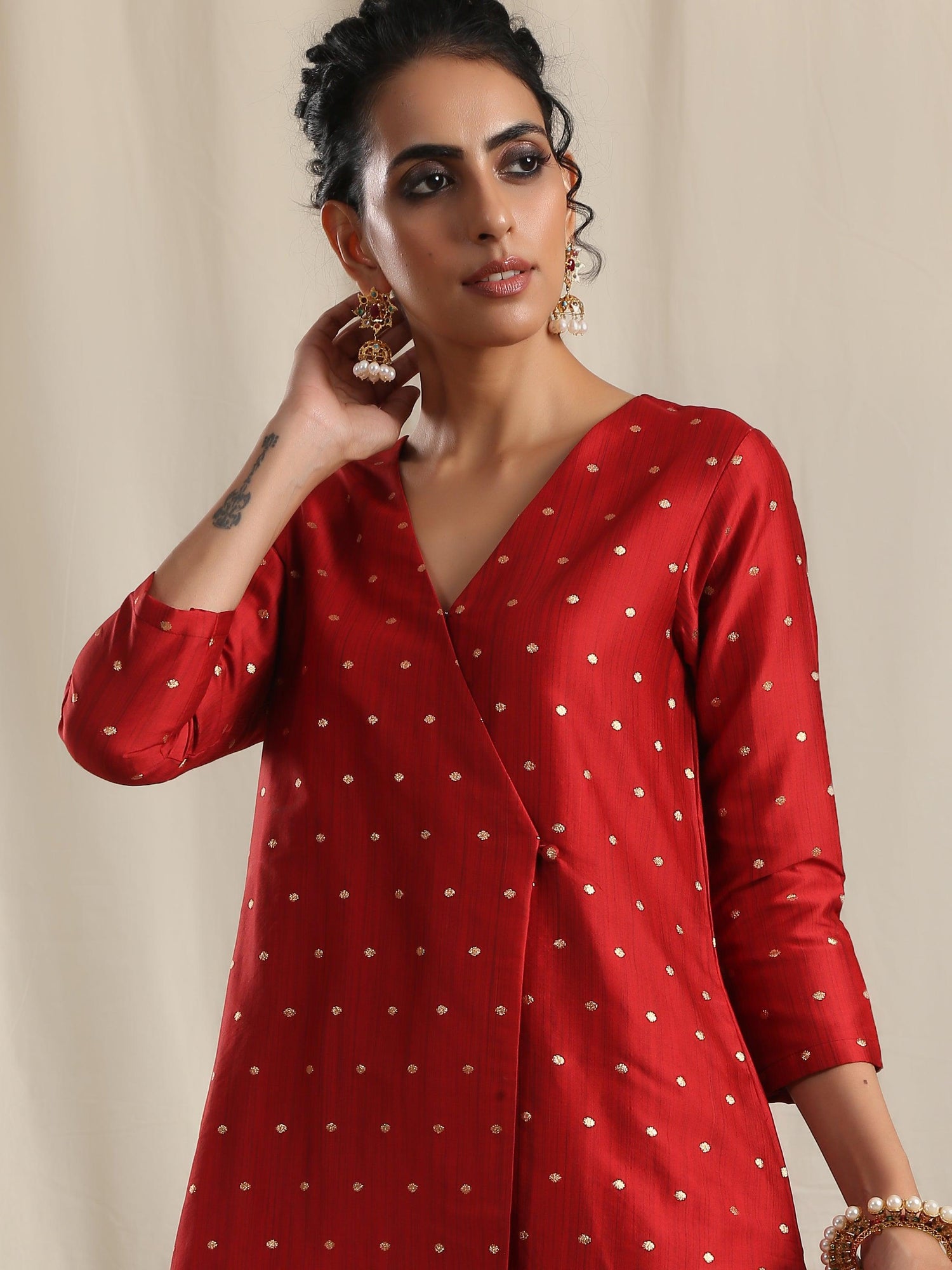 Red Silk Angrakha Kurta Pant Set - trueBrowns