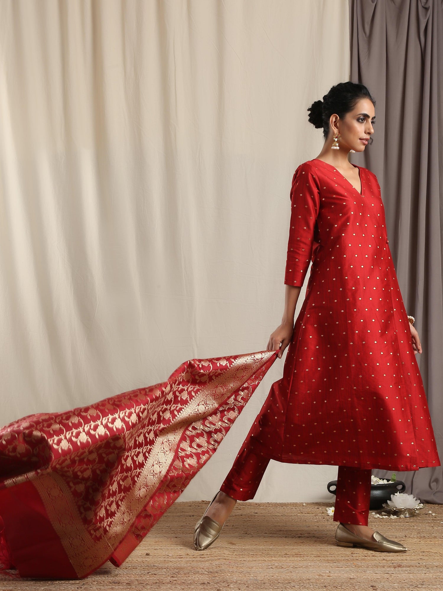 Red Silk Angrakha Kurta Pant Set - trueBrowns