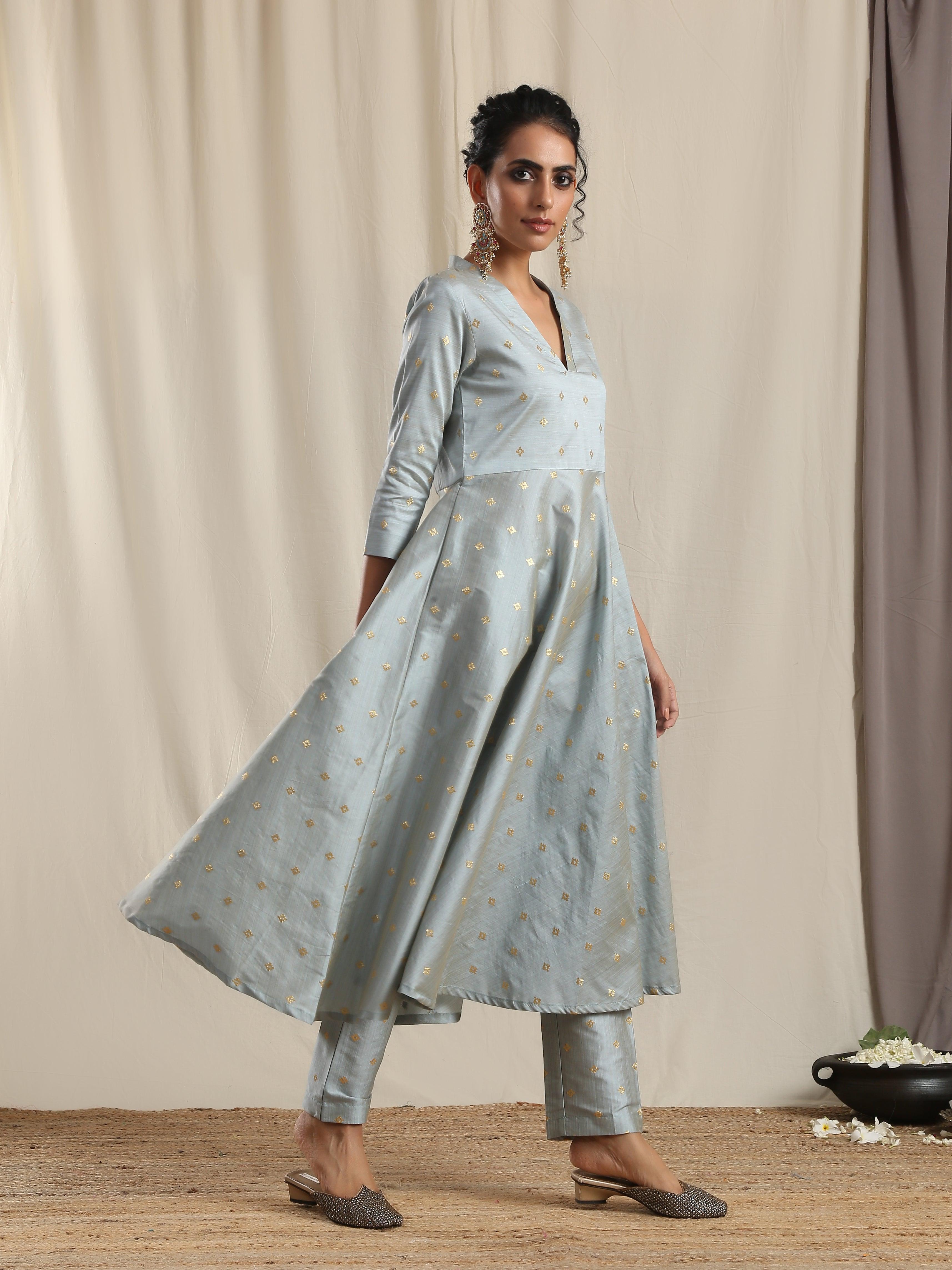 Grey Silk Flared Kurta Pant Set - trueBrowns