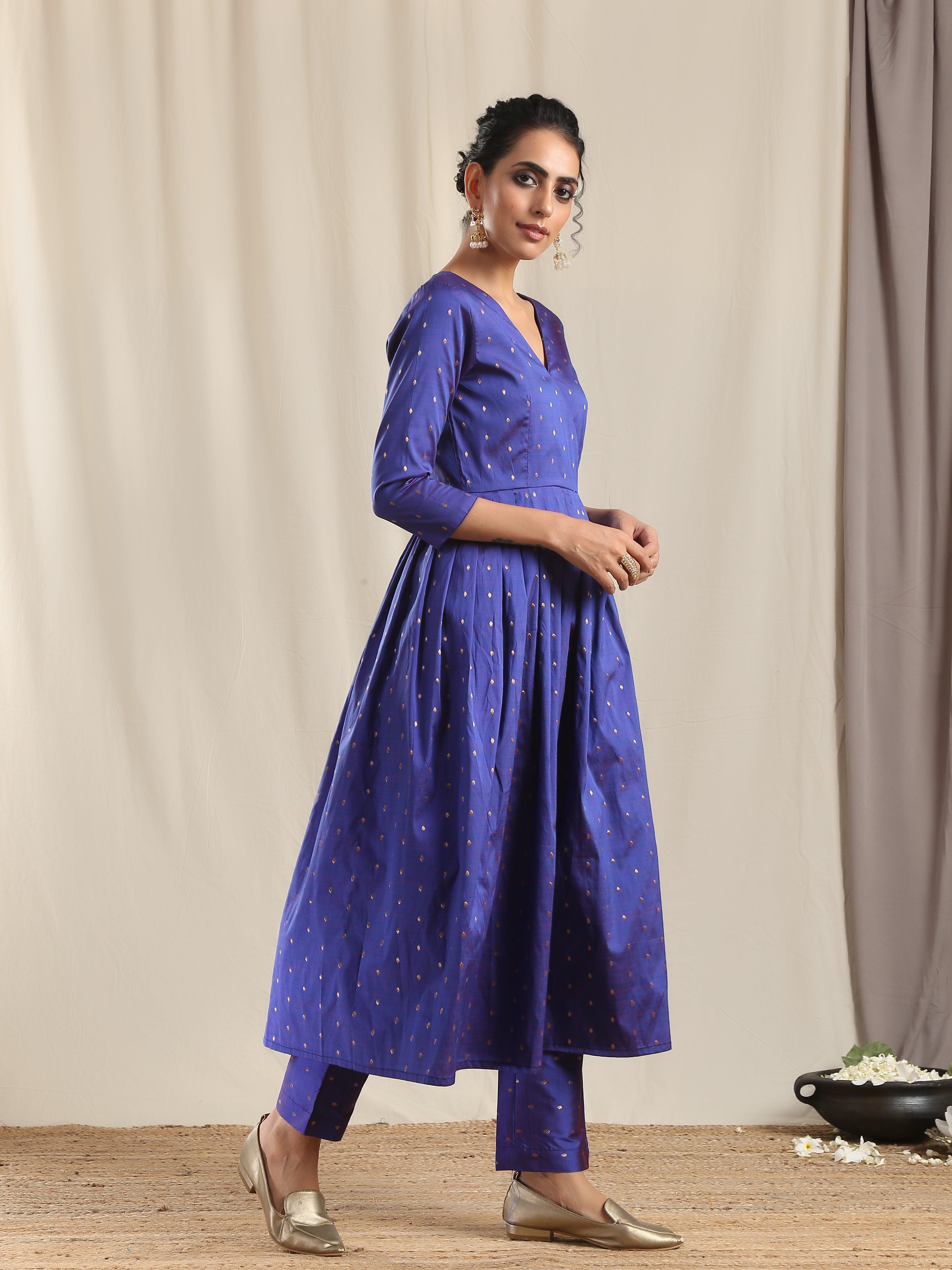 Blue Silk Angrakha Kurta Pant Set - trueBrowns